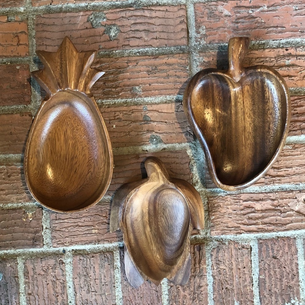 Set of 3 Vintage Monkey Pod Wood Bowls Hand Carved Pineapple, Pepper, & Turtle